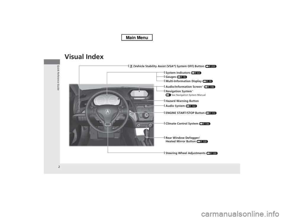 Acura ILX 2014  Owners Manual 2Quick Reference Guide
Quick Reference GuideVisual Index
❙Audio System 
(P 142)
❙Rear Window Defogger/
Heated Mirror Button 
(P 120)
❙Steering Wheel Adjustments 
(P 120)
❙
 (Vehicle Stability 