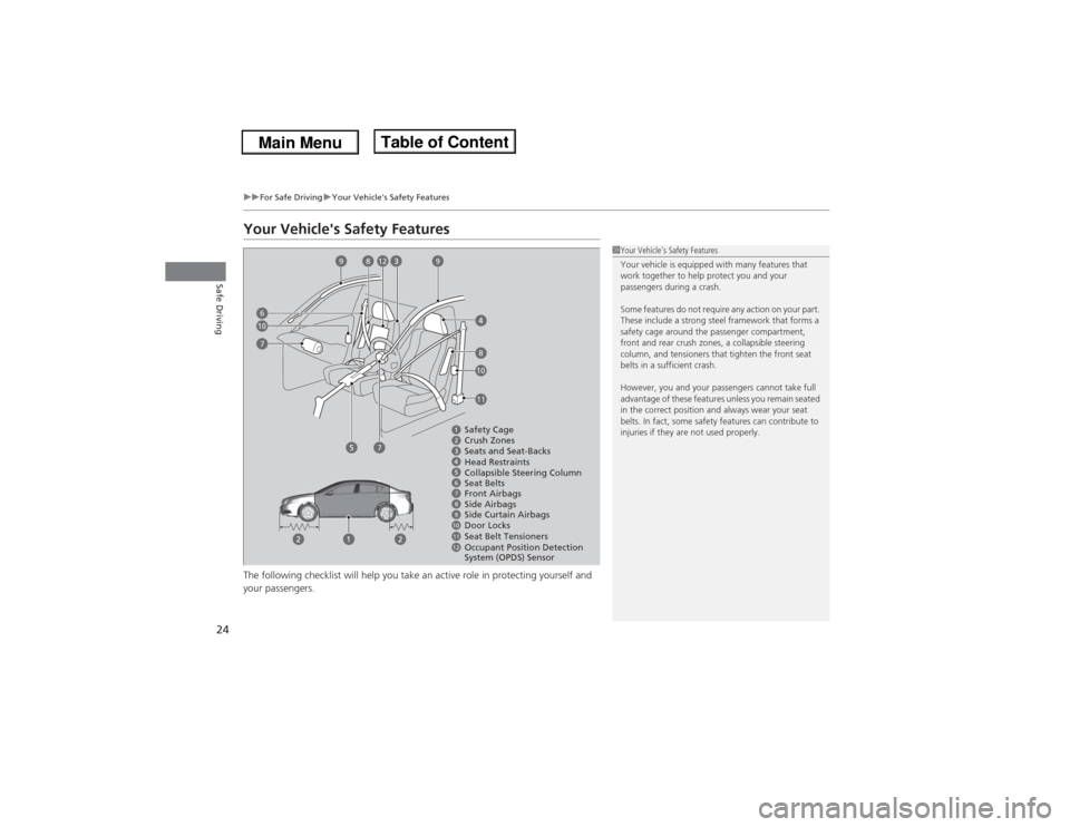 Acura ILX 2014  Owners Manual 24
uuFor Safe DrivinguYour Vehicles Safety Features
Safe Driving
Your Vehicles Safety FeaturesThe following checklist will help you take an active role in protecting yourself and 
your passengers.
1