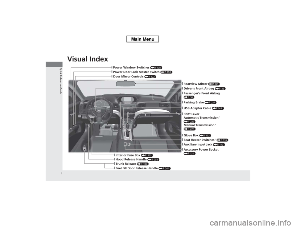 Acura ILX 2014 Owners Manual Visual Index
4Quick Reference Guide
❙Door Mirror Controls
(P 122)
❙Parking Brake
(P 237)
❙Rearview Mirror
(P 121)
❙Power Door Lock Master Switch
(P 100)
❙Power Window Switches
(P 108)
Acura ILX 2014 Owners Manual Visual Index
4Quick Reference Guide
❙Door Mirror Controls
(P 122)
❙Parking Brake
(P 237)
❙Rearview Mirror
(P 121)
❙Power Door Lock Master Switch
(P 100)
❙Power Window Switches
(P 108)