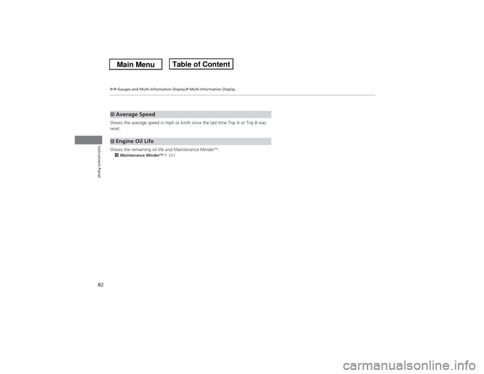 Acura ILX 2014  Owners Manual 82
uuGauges and Multi-Information DisplayuMulti-Information Display
Instrument Panel
Shows the average speed in mph or km/h since the last time Trip A or Trip B was 
reset.
Shows the remaining oil lif