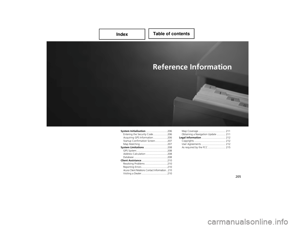 Acura ILX 2014 Navigation Manual 205
Reference Information
System Initialisation..............................206
Entering the Security Code ....................206
Acquiring GPS Information ....................206
Startup Confirmati Acura ILX 2014 Navigation Manual 205
Reference Information
System Initialisation..............................206
Entering the Security Code ....................206
Acquiring GPS Information ....................206
Startup Confirmati