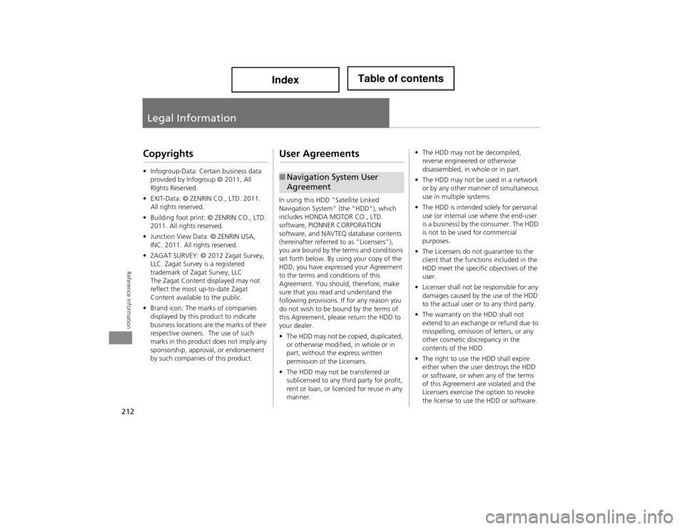 Acura ILX 2014  Navigation Manual 212
Reference Information
Legal Information
Copyrights
•Infogroup-Data: Certain business data 
provided by Infogroup © 2011, All 
RIghts Reserved.
• EXIT-Data: © ZENRIN CO., LTD. 2011. 
All righ