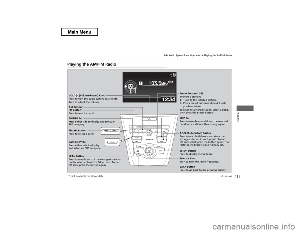 Acura ILX 2013  Owners Manual 151
uuAudio System Basic OperationuPlaying the AM/FM Radio
Continued
Features
Playing the AM/FM RadioSCAN Button
Press to sample each of the strongest stations 
on the selected band for 10 seconds. To