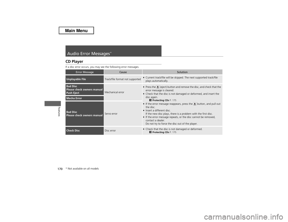 Acura ILX 2013 Owners Manual 170Features
Audio Error Messages
*
CD PlayerIf a disc error occurs, you may see the following error messages.
Error Message
Cause
Solution
Unplayable File
Track/file format not supported
●Current tr Acura ILX 2013 Owners Manual 170Features
Audio Error Messages
*
CD PlayerIf a disc error occurs, you may see the following error messages.
Error Message
Cause
Solution
Unplayable File
Track/file format not supported
●Current tr