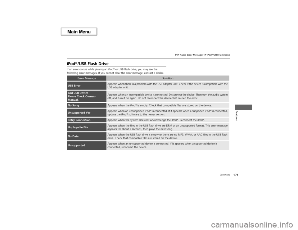 Acura ILX 2013 Owners Manual 171
uuAudio Error Messages
*uiPod®/USB Flash Drive
Continued
Features
iPod®/USB Flash DriveIf an error occurs while playing an iPod® or USB flash drive, you may see the
following error messages. I Acura ILX 2013 Owners Manual 171
uuAudio Error Messages
*uiPod®/USB Flash Drive
Continued
Features
iPod®/USB Flash DriveIf an error occurs while playing an iPod® or USB flash drive, you may see the
following error messages. I