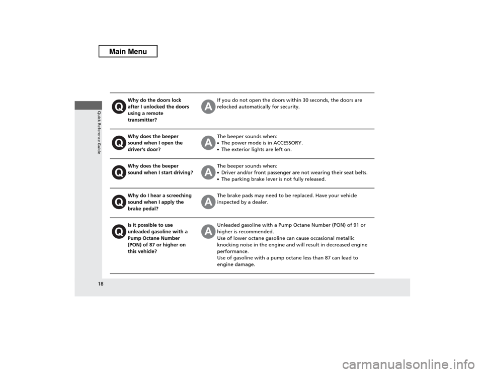 Acura ILX 2013  Owners Manual 18Quick Reference Guide
Why do the doors lock 
after I unlocked the doors 
using a remote 
transmitter?
If you do not open the doors within 30 seconds, the doors are 
relocked automatically for securi