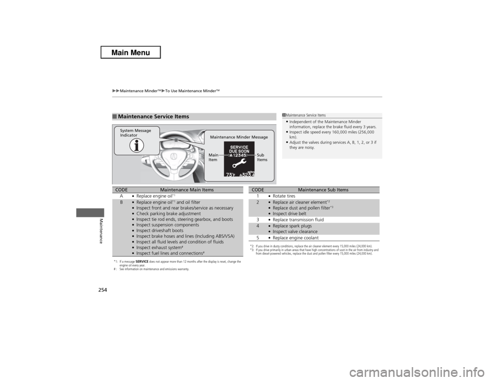 Acura ILX 2013 User Guide 254
uuMaintenance Minder
TMuTo Use Maintenance Minder
TM
Maintenance
■Maintenance Service Items
1Maintenance Service Items•Independent of the Maintenance Minder 
information, replace the brake flu