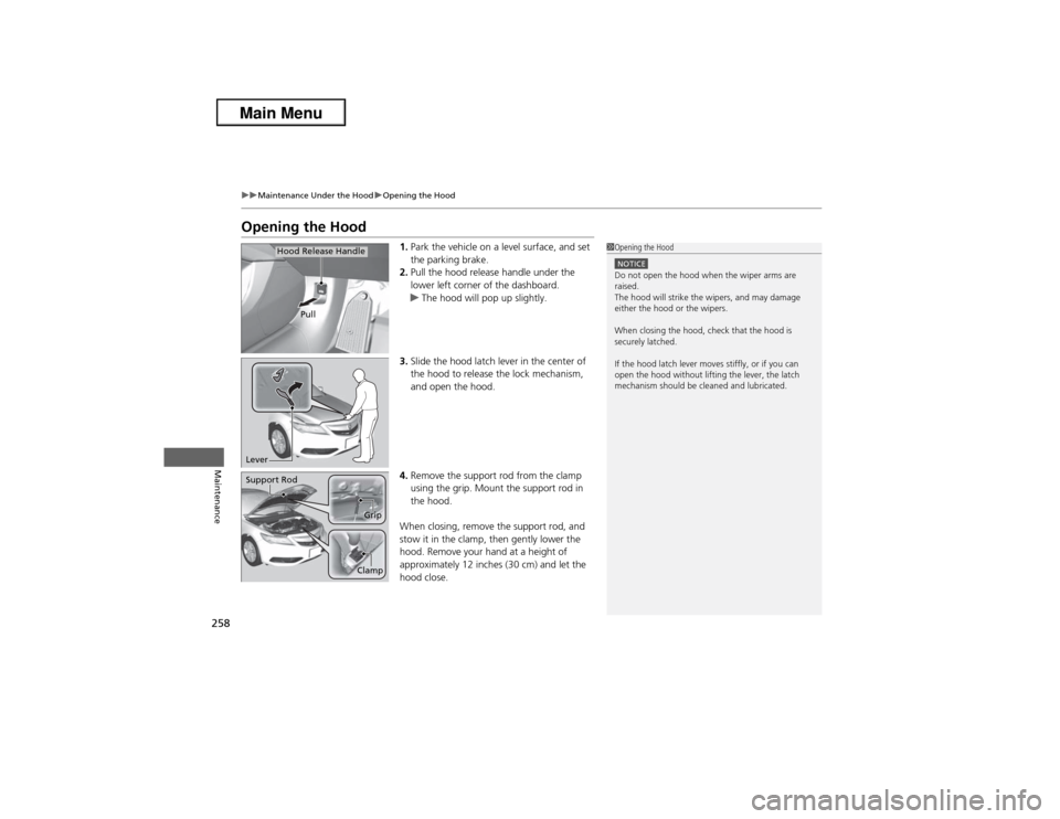 Acura ILX 2013  Owners Manual 258
uuMaintenance Under the HooduOpening the Hood
Maintenance
Opening the Hood
1.Park the vehicle on a level surface, and set 
the parking brake.
2.Pull the hood release handle under the 
lower left c