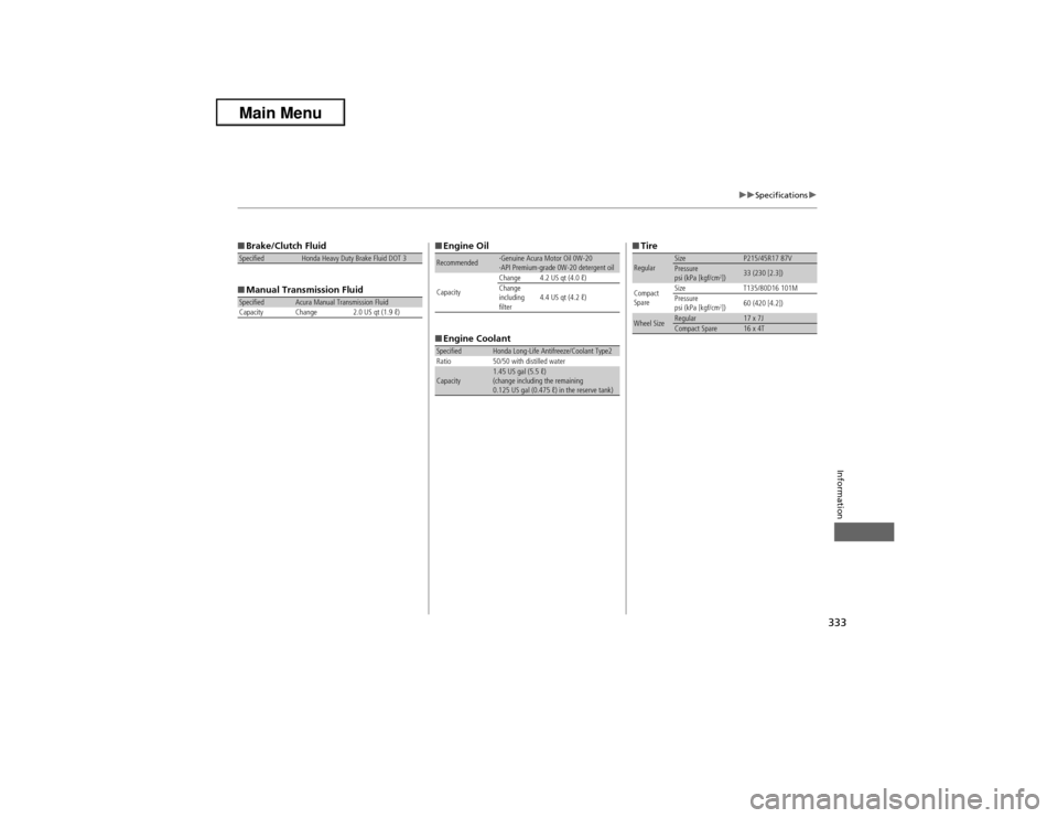Acura ILX 2013  Owners Manual 333
uuSpecificationsu
Information
■Brake/Clutch Fluid
■Manual Transmission FluidSpecified
Honda Heavy Duty Brake Fluid DOT 3
Specified
Acura Manual Transmission Fluid
Capacity Change 2.0 US qt (1.