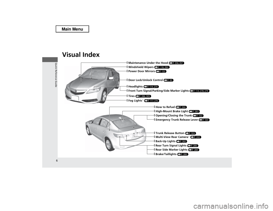 Acura ILX 2013 Owners Manual Visual Index
6Quick Reference Guide
❙Maintenance Under the Hood
(P 256, 257)
❙Windshield Wipers
(P 118, 284)
❙Tires
(P 286, 305)
❙Door Lock/Unlock Control
(P 95)
❙Power Door Mirrors
(P Acura ILX 2013 Owners Manual Visual Index
6Quick Reference Guide
❙Maintenance Under the Hood
(P 256, 257)
❙Windshield Wipers
(P 118, 284)
❙Tires
(P 286, 305)
❙Door Lock/Unlock Control
(P 95)
❙Power Door Mirrors
(P