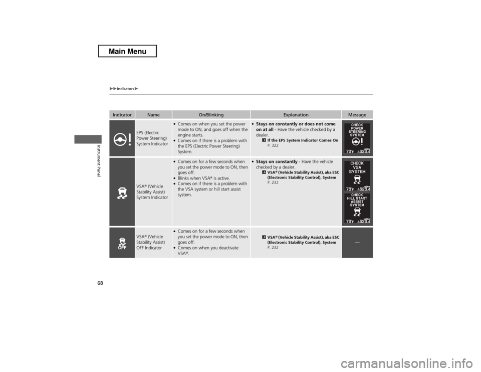 Acura ILX 2013 Repair Manual 68
uuIndicatorsu
Instrument Panel
Indicator
Name
On/Blinking
Explanation
Message
EPS (Electric 
Power Steering) 
System Indicator
●Comes on when you set the power 
mode to ON, and goes off when the 