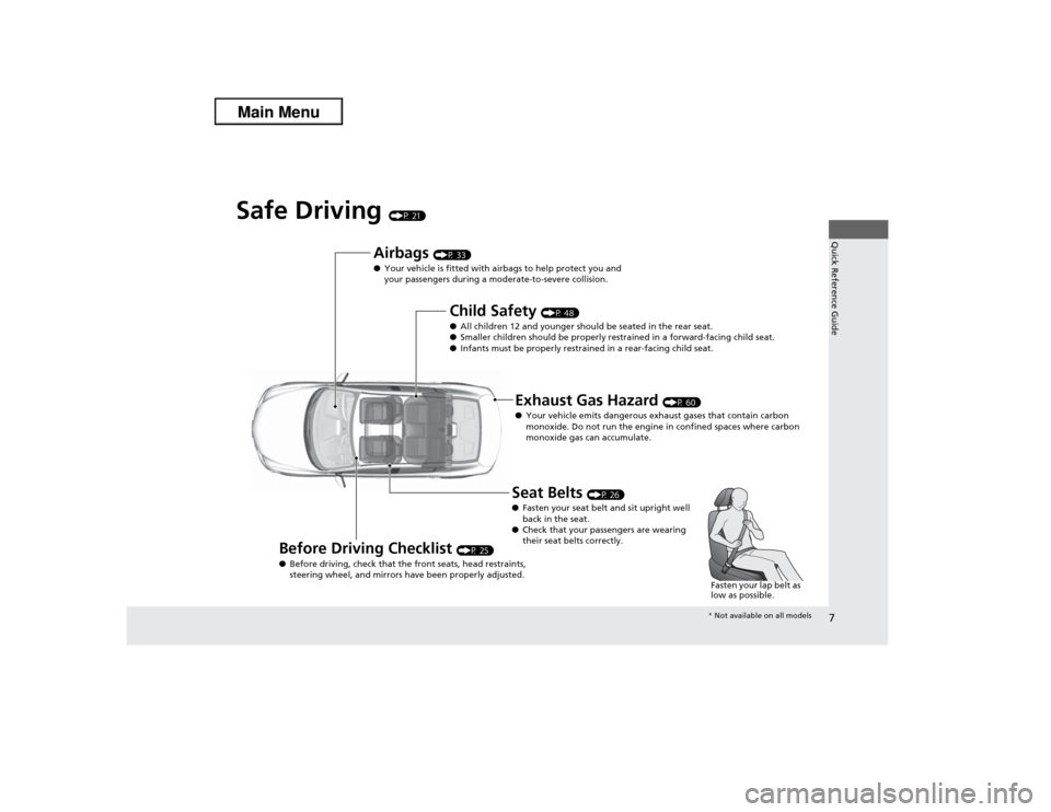 Acura ILX 2013  Owners Manual 7Quick Reference Guide
Safe Driving 
(P 21)
Airbags 
(P 33)
●Your vehicle is fitted with airbags to help protect you and 
your passengers during a moderate-to-severe collision.
Child Safety 
(P 48)
