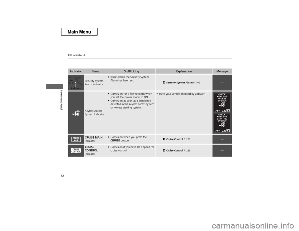 Acura ILX 2013  Owners Manual 72
uuIndicatorsu
Instrument Panel
Indicator
Name
On/Blinking
Explanation
Message
Security System 
Alarm Indicator
●Blinks when the Security System 
Alarm has been set.
2Security System Alarm P. 106
