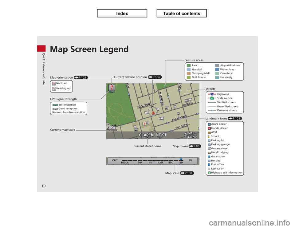Acura ILX 2013 Navigation Manual 10Quick Reference Guide
Map Screen LegendMap orientation (P105)
GPS signal strength
North up
Heading up
Best reception
Good reception
No icon: Poor/No reception
Current map scale
Current street name
M Acura ILX 2013 Navigation Manual 10Quick Reference Guide
Map Screen LegendMap orientation (P105)
GPS signal strength
North up
Heading up
Best reception
Good reception
No icon: Poor/No reception
Current map scale
Current street name
M