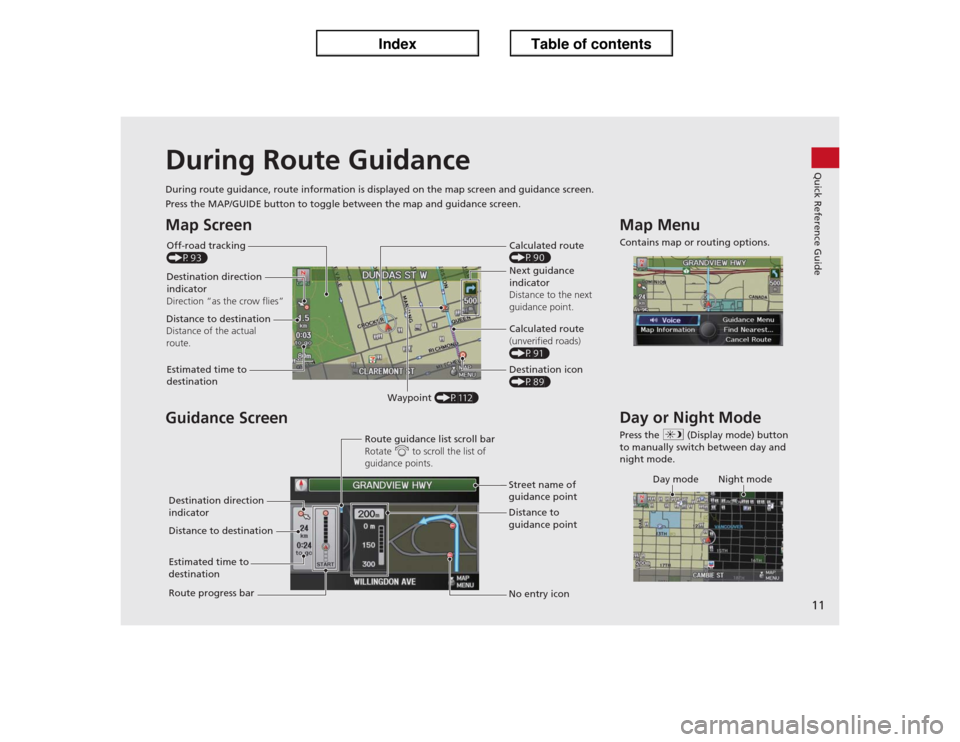 Acura ILX 2013  Navigation Manual 11Quick Reference Guide
During Route GuidanceDuring route guidance, route information is displayed on the map screen and guidance screen.
Press the MAP/GUIDE button to toggle between the map and guida