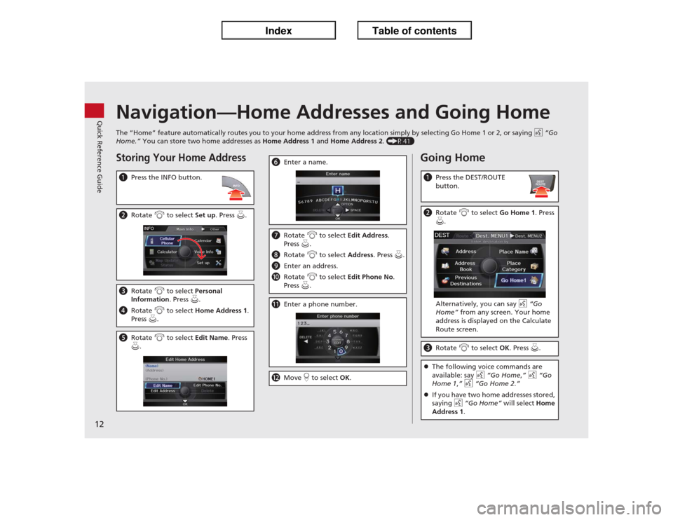 Acura ILX 2013  Navigation Manual 12Quick Reference Guide
Navigation—Home Addresses and Going HomeThe “Home” feature automatically routes you to your home address from any location simply by selecting Go Home 1 or 2, or saying d