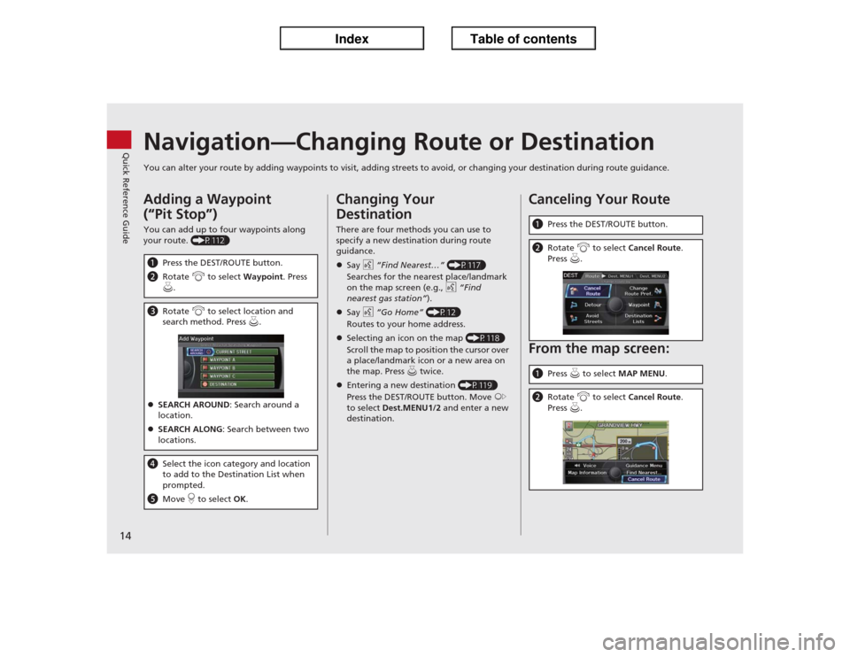 Acura ILX 2013  Navigation Manual 14Quick Reference Guide
Navigation—Changing Route or DestinationYou can alter your route by adding waypoints to visit, adding streets to avoid, or changing your destination during route guidance.Add