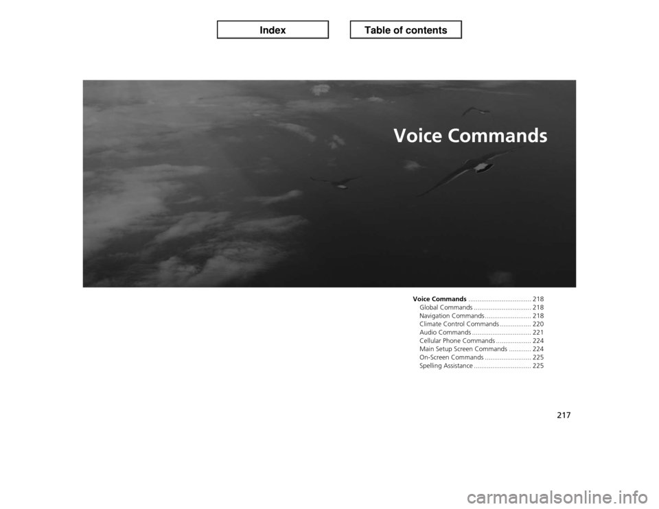 Acura ILX 2013  Navigation Manual 217
Voice Commands
Voice Commands.................................. 218
Global Commands ............................... 218
Navigation Commands ......................... 218
Climate Control Commands .