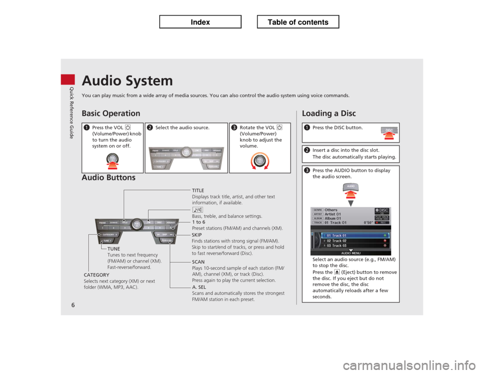 Acura ILX 2013  Navigation Manual 6Quick Reference Guide
Audio SystemYou can play music from a wide array of media sources. You can also control the audio system using voice commands.Basic Operation
Audio ButtonsaPress the VOL 9 
(Vol
