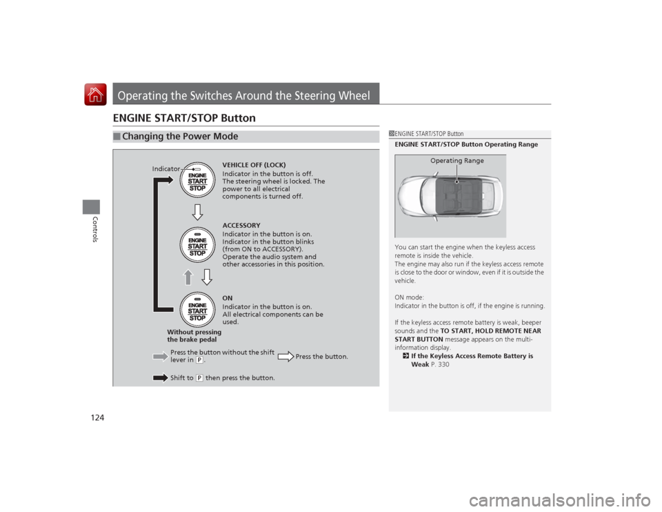 Acura ILX Hybrid 2015  Owners Manual 124Controls
Operating the Switches Around the Steering WheelENGINE START/STOP Button■
Changing the Power Mode
1ENGINE START/STOP Button
ENGINE START/STOP Button Operating Range
You can start the eng