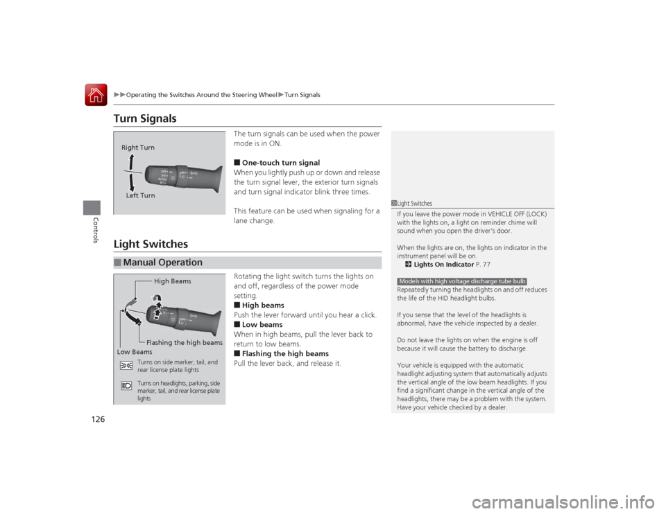 Acura ILX Hybrid 2015  Owners Manual 126
uuOperating the Switches Around the Steering Wheel uTurn Signals
Controls
Turn Signals
The turn signals can be used when the power 
mode is in ON.■One-touch turn signal
When you lightly push up 