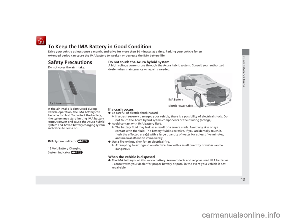 Acura ILX Hybrid 2015  Owners Manual 13Quick Reference Guide
To Keep the IMA Battery in Good Condition Drive your vehicle at least once a month, and drive for more than 30 minutes at a time. Parking your vehicle for an 
extended period c