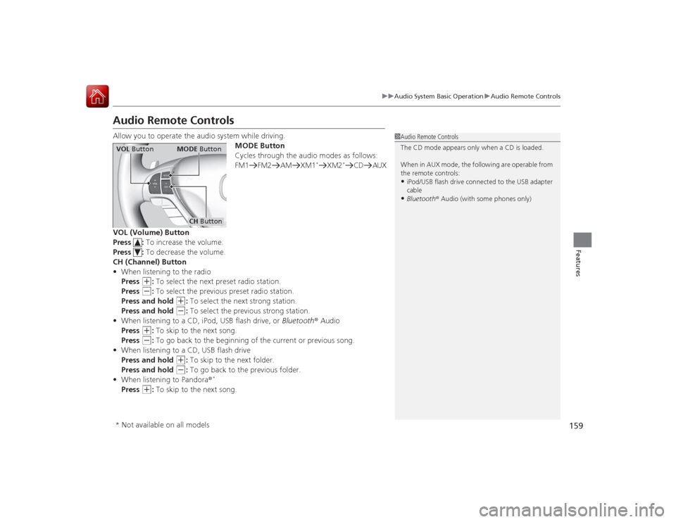 Acura ILX Hybrid 2015  Owners Manual 159
uuAudio System Basic Operation uAudio Remote Controls
Features
Audio Remote ControlsAllow you to operate the audio system while driving.
MODE Button
Cycles through the audio modes as follows:
FM1 