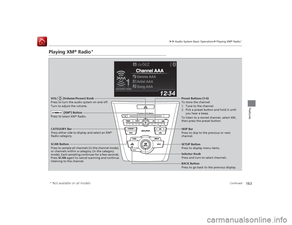 Acura ILX Hybrid 2015 Service Manual 163
uuAudio System Basic Operation uPlaying XM ® Radio
*
Continued
Features
Playing XM ® Radio
*
SCAN Button
Press to sample all channels (in the channel mode),
or channels within a category (in th Acura ILX Hybrid 2015 Service Manual 163
uuAudio System Basic Operation uPlaying XM ® Radio
*
Continued
Features
Playing XM ® Radio
*
SCAN Button
Press to sample all channels (in the channel mode),
or channels within a category (in th