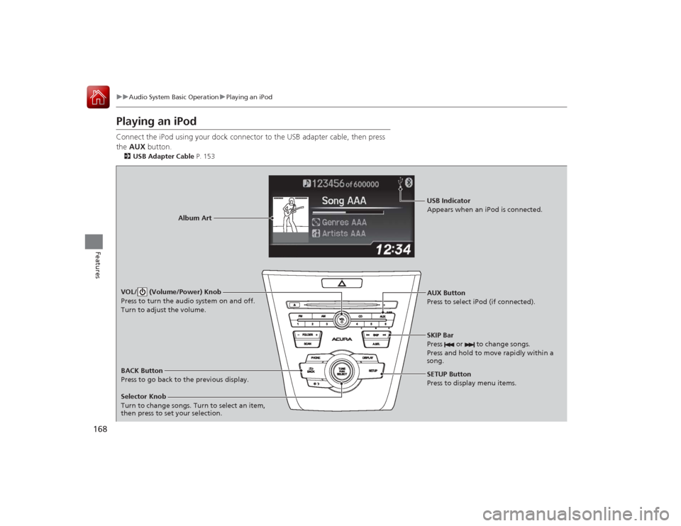 Acura ILX Hybrid 2015  Owners Manual 168
uuAudio System Basic Operation uPlaying an iPod
Features
Playing an iPodConnect the iPod using your dock connector to the USB adapter cable, then press 
the  AUX  button.2USB Adapter Cable  P. 153