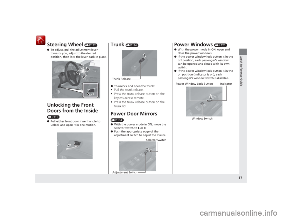 Acura ILX Hybrid 2015  Owners Manual 17Quick Reference Guide
Steering Wheel 
(P132)
● To adjust, pull the adjustment lever 
towards you, adjust to the desired 
position, then lock the lever back in place.
Unlocking the Front 
Doors fro