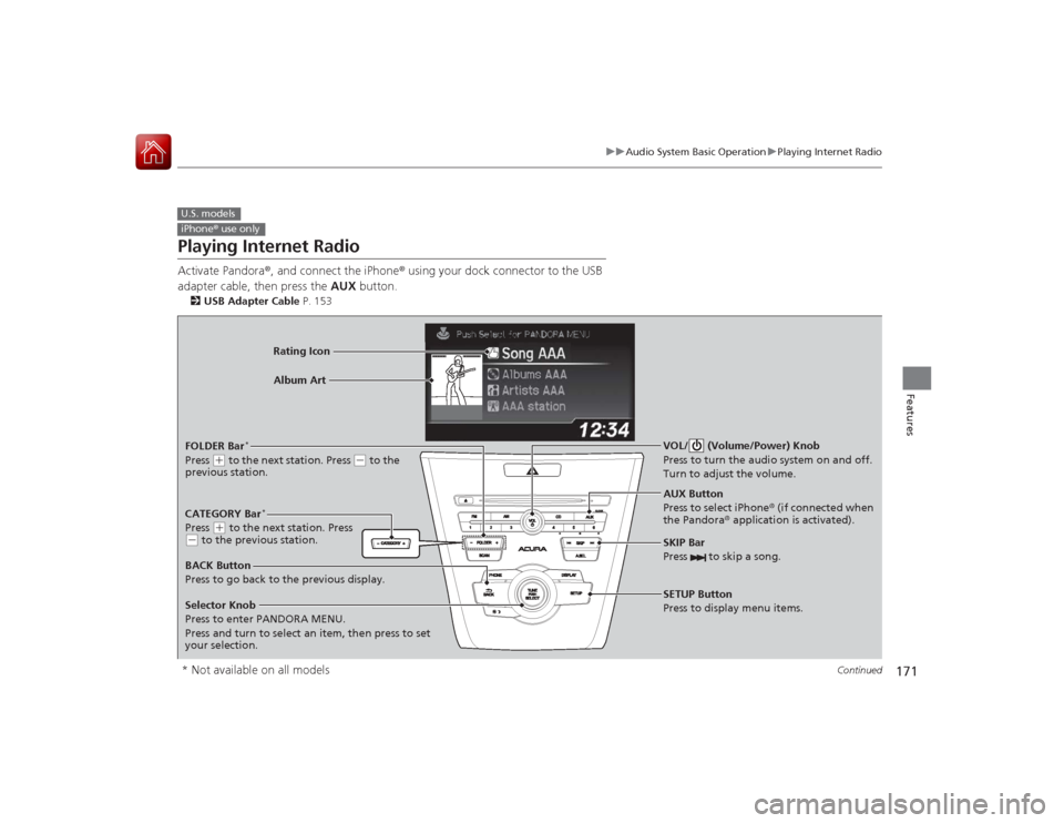 Acura ILX Hybrid 2015  Owners Manual 171
uuAudio System Basic Operation uPlaying Internet Radio
Continued
Features
Playing Internet RadioActivate Pandora ®, and connect the iPhone ® using your dock connector to the USB 
adapter cable, 