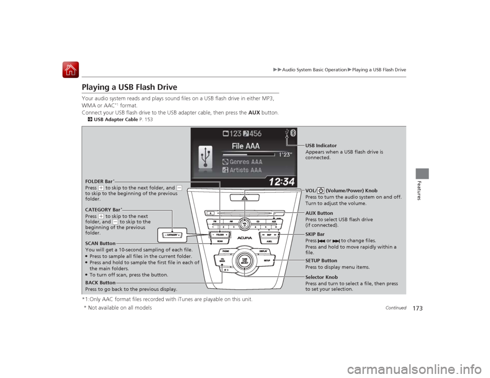 Acura ILX Hybrid 2015 Owners Manual 173
uuAudio System Basic Operation uPlaying a USB Flash Drive
Continued
Features
Playing a USB Flash DriveYour audio system reads and plays sound files on a USB flash drive in either MP3,
WMA or AAC
Acura ILX Hybrid 2015 Owners Manual 173
uuAudio System Basic Operation uPlaying a USB Flash Drive
Continued
Features
Playing a USB Flash DriveYour audio system reads and plays sound files on a USB flash drive in either MP3,
WMA or AAC