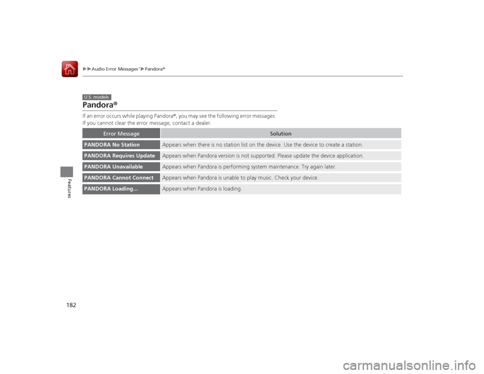 Acura ILX Hybrid 2015 Owners Manual 182
uuAudio Error Messages
*uPandora ®
Features
Pandora ®If an error occurs while playing Pandora ®, you may see the following error messages.
If you cannot clear the error message, contact a deal Acura ILX Hybrid 2015 Owners Manual 182
uuAudio Error Messages
*uPandora ®
Features
Pandora ®If an error occurs while playing Pandora ®, you may see the following error messages.
If you cannot clear the error message, contact a deal
