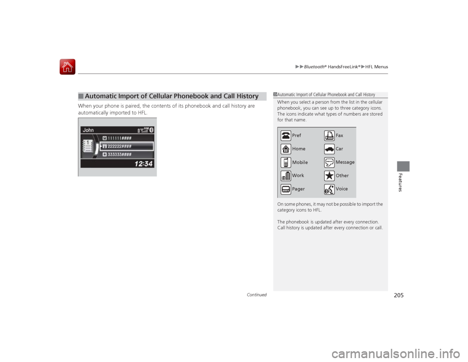 Acura ILX Hybrid 2015 Owners Guide Continued
205
uuBluetooth ® HandsFreeLink ®u HFL Menus
Features
When your phone is paired, the contents of its phonebook and call history are 
automatically imported to HFL.■
Automatic Import of C