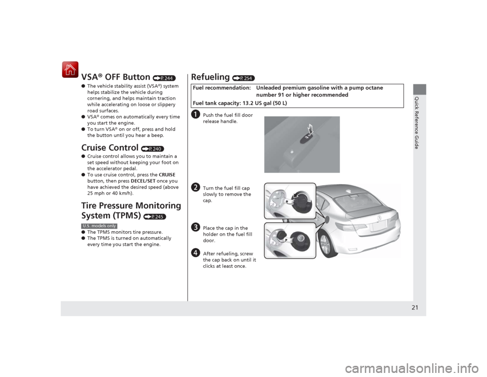 Acura ILX Hybrid 2015  Owners Manual 21Quick Reference Guide
VSA® OFF Button 
(P244)
● The vehicle stability assist (VSA ®) system 
helps stabilize the vehicle during 
cornering, and helps maintain traction 
while accelerating on loo