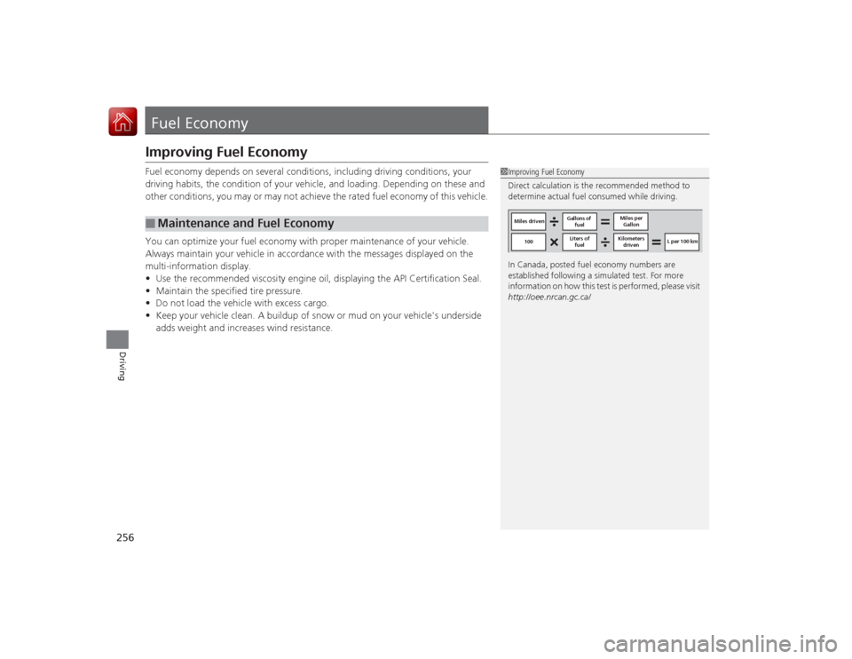 Acura ILX Hybrid 2015  Owners Manual 256Driving
Fuel EconomyImproving Fuel EconomyFuel economy depends on several conditions, including driving conditions, your 
driving habits, the condition of your vehicle, and loading. Depending on th