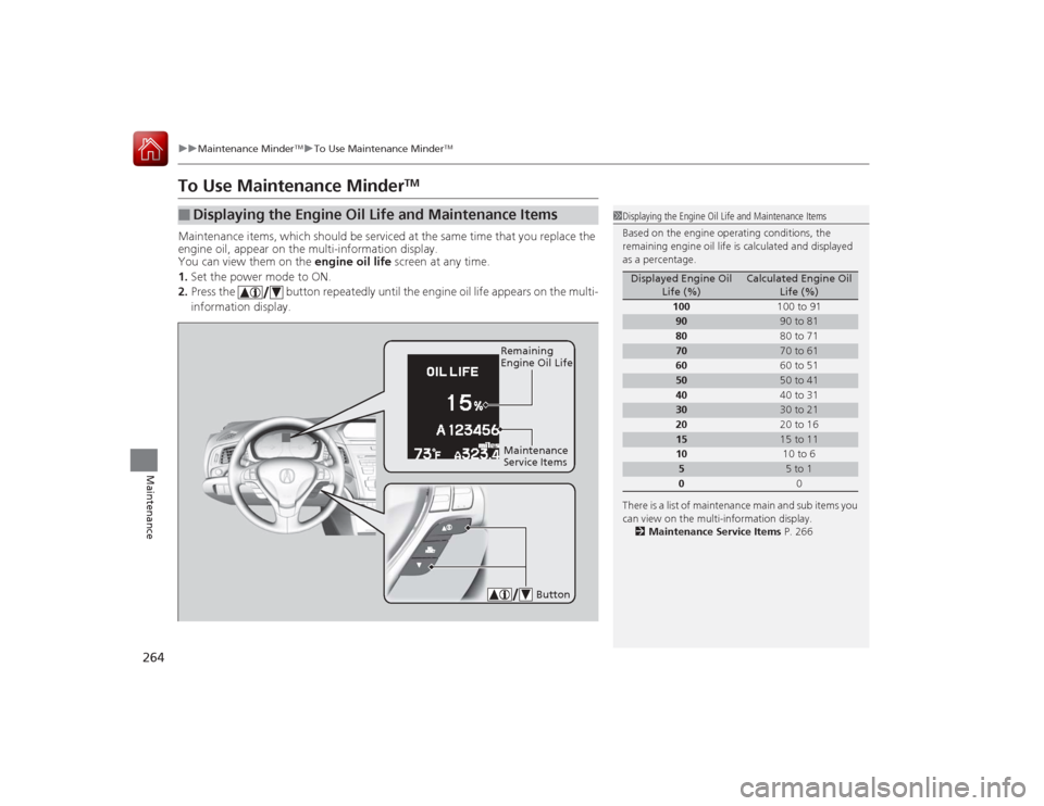 Acura ILX Hybrid 2015 Owners Manual 264
uuMaintenance Minder
TMuTo Use Maintenance Minder
TM
Maintenance
To Use Maintenance Minder
TM
Maintenance items, which should be serviced at the same time that you replace the
engine oil, appear Acura ILX Hybrid 2015 Owners Manual 264
uuMaintenance Minder
TMuTo Use Maintenance Minder
TM
Maintenance
To Use Maintenance Minder
TM
Maintenance items, which should be serviced at the same time that you replace the
engine oil, appear