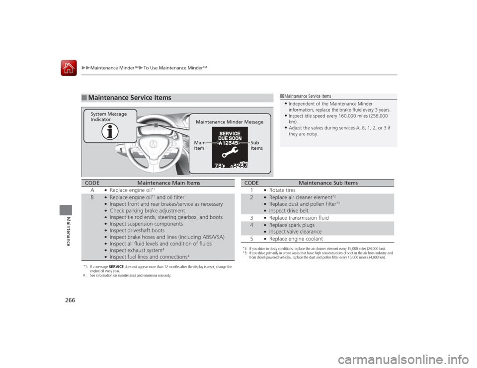 Acura ILX Hybrid 2015 Owners Manual 266
uuMaintenance Minder
TMuTo Use Maintenance Minder
TM
Maintenance
■
Maintenance Service Items
1Maintenance Service Items•Independent of the Maintenance Minder
information, replace the brake fl Acura ILX Hybrid 2015 Owners Manual 266
uuMaintenance Minder
TMuTo Use Maintenance Minder
TM
Maintenance
■
Maintenance Service Items
1Maintenance Service Items•Independent of the Maintenance Minder
information, replace the brake fl