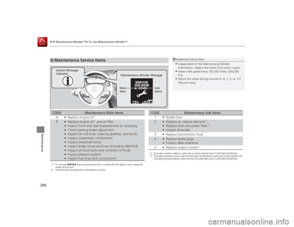 Acura ILX Hybrid 2015  Owners Manual 266
uuMaintenance Minder
TMuTo Use Maintenance Minder
TM
Maintenance
■
Maintenance Service Items
1Maintenance Service Items•Independent of the Maintenance Minder 
information, replace the brake fl