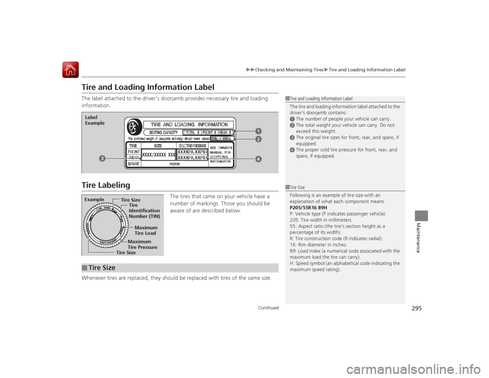 Acura ILX Hybrid 2015 Owners Manual 295
uuChecking and Maintaining Tires uTire and Loading Information Label
Continued
Maintenance
Tire and Loading Information LabelThe label attached to the driver’s doorjamb provides necessary tire a Acura ILX Hybrid 2015 Owners Manual 295
uuChecking and Maintaining Tires uTire and Loading Information Label
Continued
Maintenance
Tire and Loading Information LabelThe label attached to the driver’s doorjamb provides necessary tire a