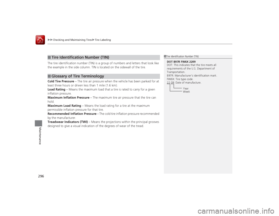 Acura ILX Hybrid 2015  Owners Manual uuChecking and Maintaining Tires uTire Labeling
296Maintenance
The tire identification number (TIN) is a group of numbers and letters that look like 
the example in the side column. TIN is located on 