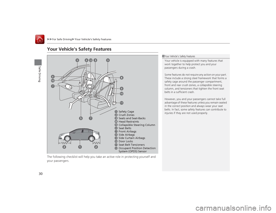 Acura ILX Hybrid 2015 Owners Manual 30
uuFor Safe Driving uYour Vehicles Safety Features
Safe Driving
Your Vehicles Safety FeaturesThe following checklist will help you take an active role in protecting yourself and
your passengers.
Acura ILX Hybrid 2015 Owners Manual 30
uuFor Safe Driving uYour Vehicles Safety Features
Safe Driving
Your Vehicles Safety FeaturesThe following checklist will help you take an active role in protecting yourself and
your passengers.