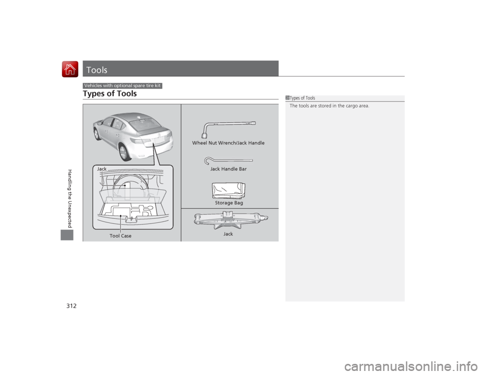 Acura ILX Hybrid 2015  Owners Manual 312Handling the Unexpected
ToolsTypes of ToolsVehicles with optional spare tire kit
1Types of Tools
The tools are stored in the cargo area.
Wheel Nut Wrench/Jack Handle
Jack
Jack Handle Bar
Storage Ba