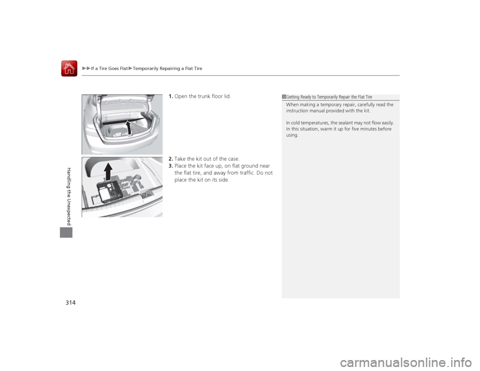 Acura ILX Hybrid 2015 Owners Manual uuIf a Tire Goes Flat uTemporarily Repairing a Flat Tire
314Handling the Unexpected
1. Open the trunk floor lid.
2. Take the kit out of the case.
3. Place the kit face up, on flat ground near
the fla Acura ILX Hybrid 2015 Owners Manual uuIf a Tire Goes Flat uTemporarily Repairing a Flat Tire
314Handling the Unexpected
1. Open the trunk floor lid.
2. Take the kit out of the case.
3. Place the kit face up, on flat ground near
the fla