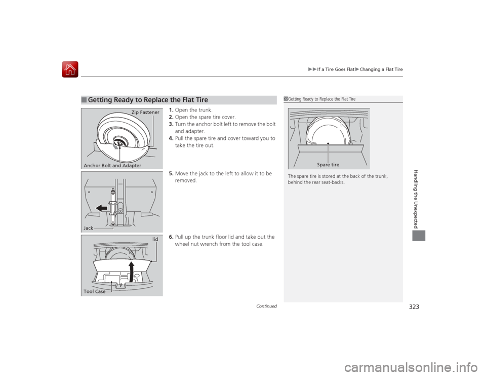 Acura ILX Hybrid 2015  Owners Manual Continued
323
uuIf a Tire Goes Flat uChanging a Flat Tire
Handling the Unexpected
1. Open the trunk.
2. Open the spare tire cover.
3. Turn the anchor bolt left to remove the bolt 
and adapter.
4. Pull