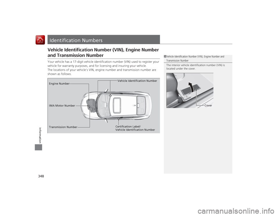 Acura ILX Hybrid 2015 Owners Manual 348Information
Identification NumbersVehicle Identification Number (VIN), Engine Number and Transmission NumberYour vehicle has a 17-digit vehicle identification number (VIN) used to register your
ve Acura ILX Hybrid 2015 Owners Manual 348Information
Identification NumbersVehicle Identification Number (VIN), Engine Number and Transmission NumberYour vehicle has a 17-digit vehicle identification number (VIN) used to register your
ve
