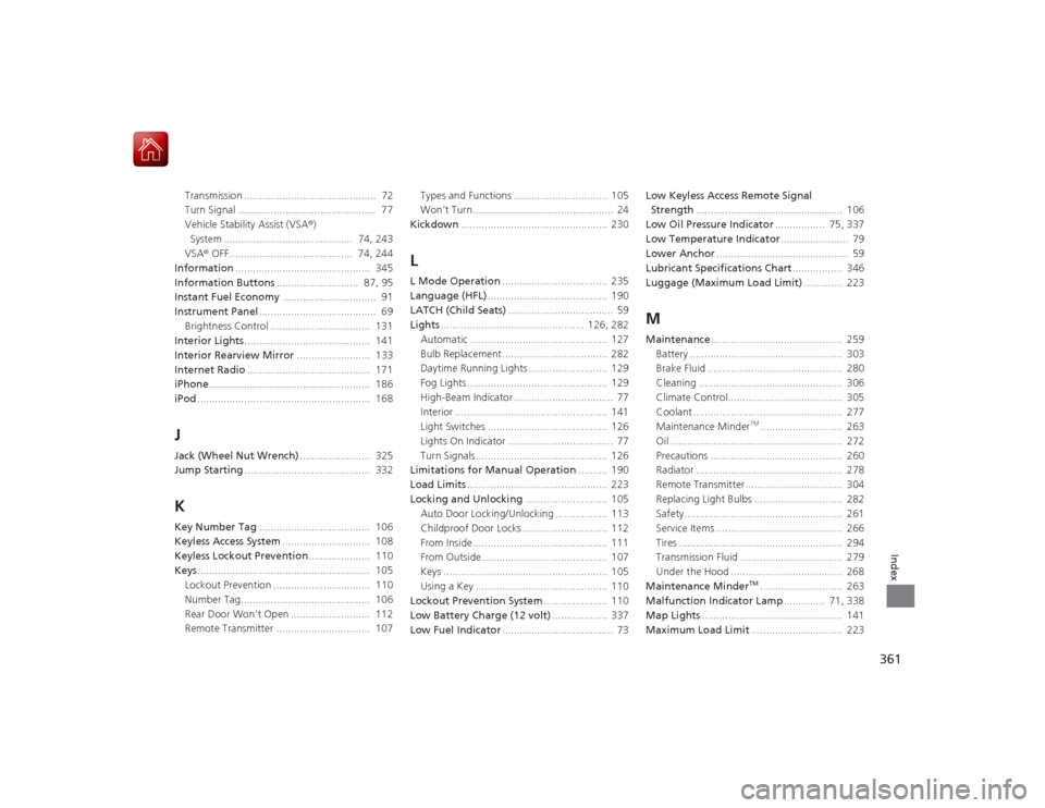 Acura ILX Hybrid 2015 User Guide 361Index
Transmission .............................................  72
Turn Signal ...............................................  77
Vehicle Stability Assist (VSA®) 
System .......................