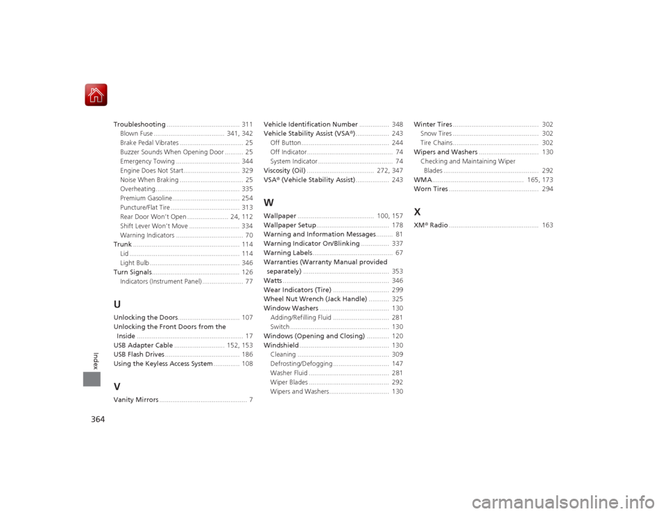 Acura ILX Hybrid 2015 Repair Manual 364Index
Troubleshooting....................................... 311
Blown Fuse ......................................  341, 342
Brake Pedal Vibrates ..................................  25
Buzzer Sound