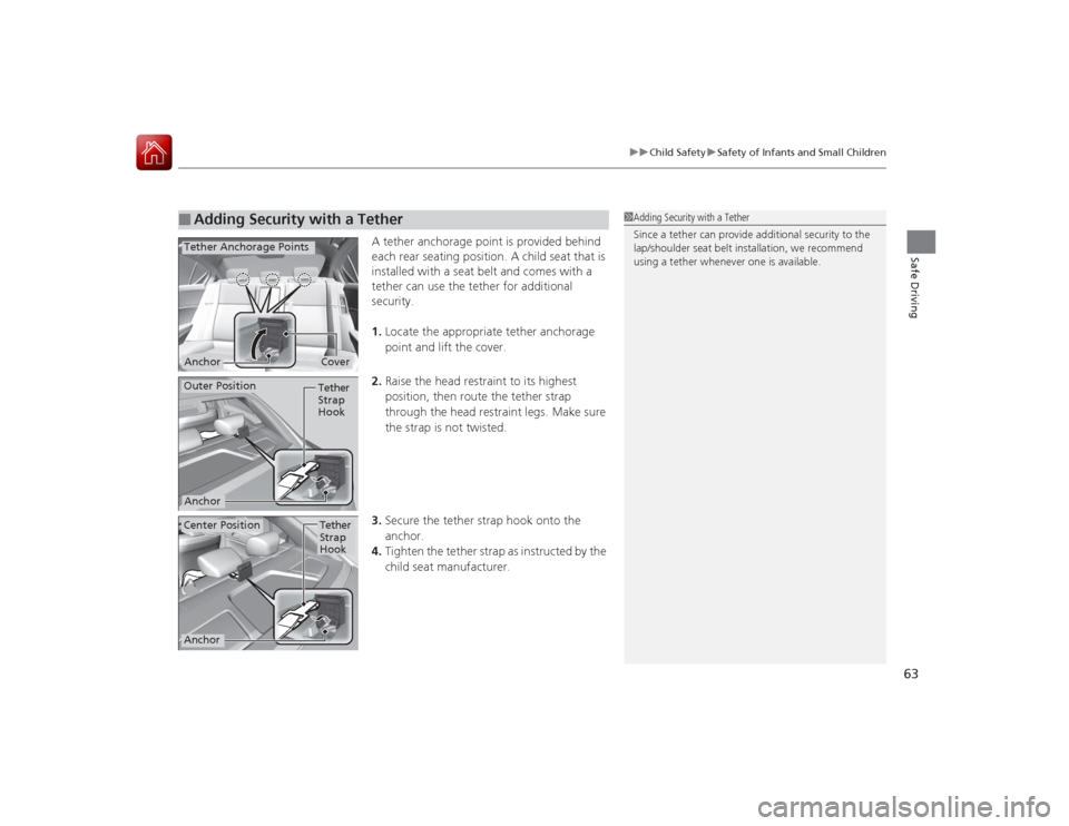 Acura ILX Hybrid 2015 Repair Manual 63
uuChild Safety uSafety of Infants and Small Children
Safe Driving
A tether anchorage point is provided behind 
each rear seating position. A child seat that is 
installed with a seat belt and comes