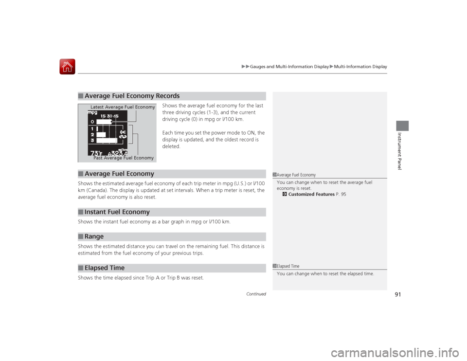 Acura ILX Hybrid 2015  Owners Manual Continued
91
uuGauges and Multi-Information Display uMulti-Information Display
Instrument Panel
Shows the average fuel economy for the last 
three driving cycles (1-3), and the current 
driving cycle 